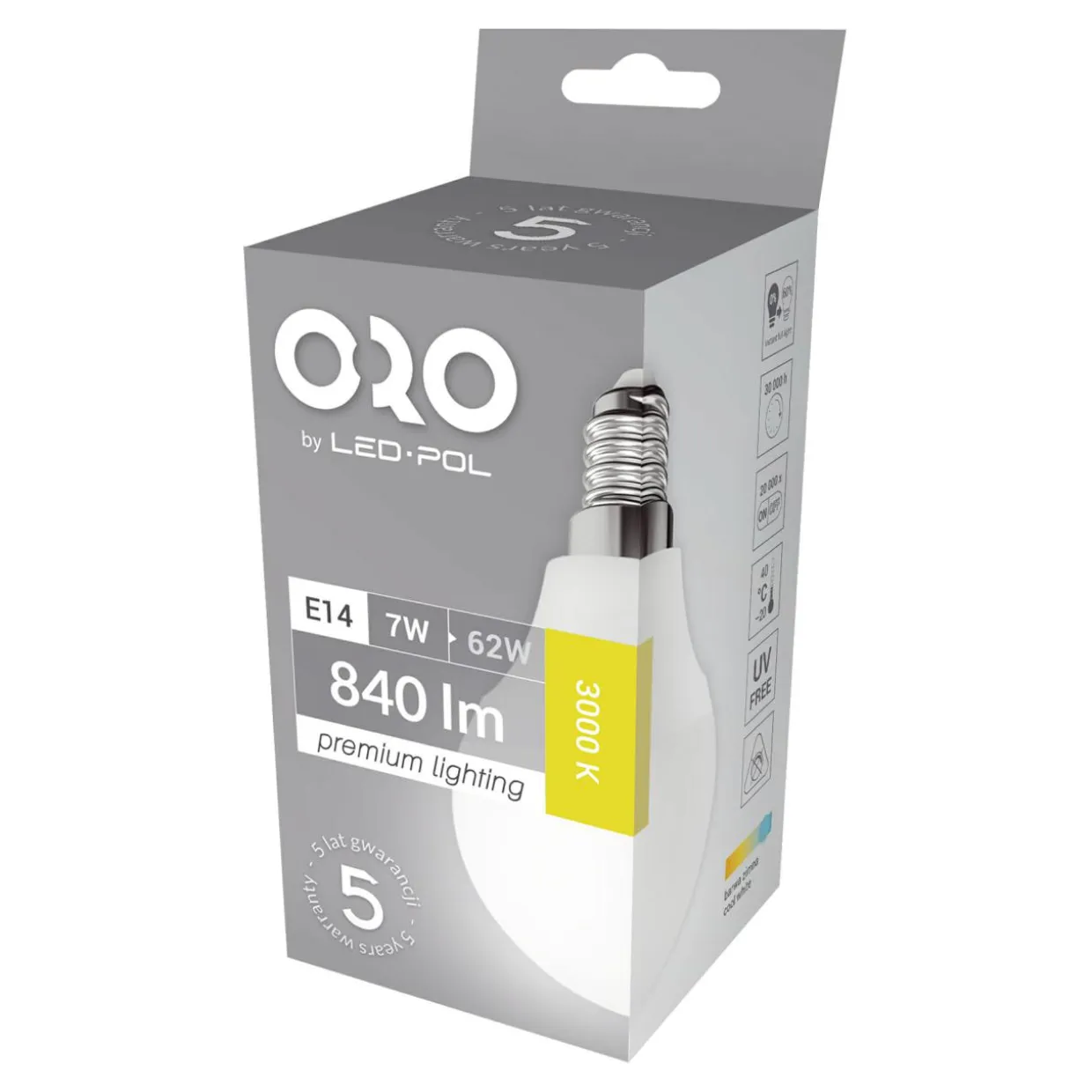 Żarówka LED E14 7W barwa ciepła ORO-PREMIUM-E14-G45-7W-XP