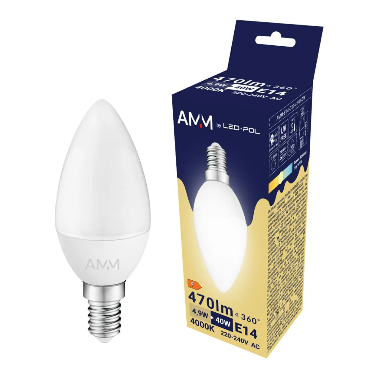 Żarówka LED E14 4,9W barwa neutralna AMM-E14-C37-4,9W-DW