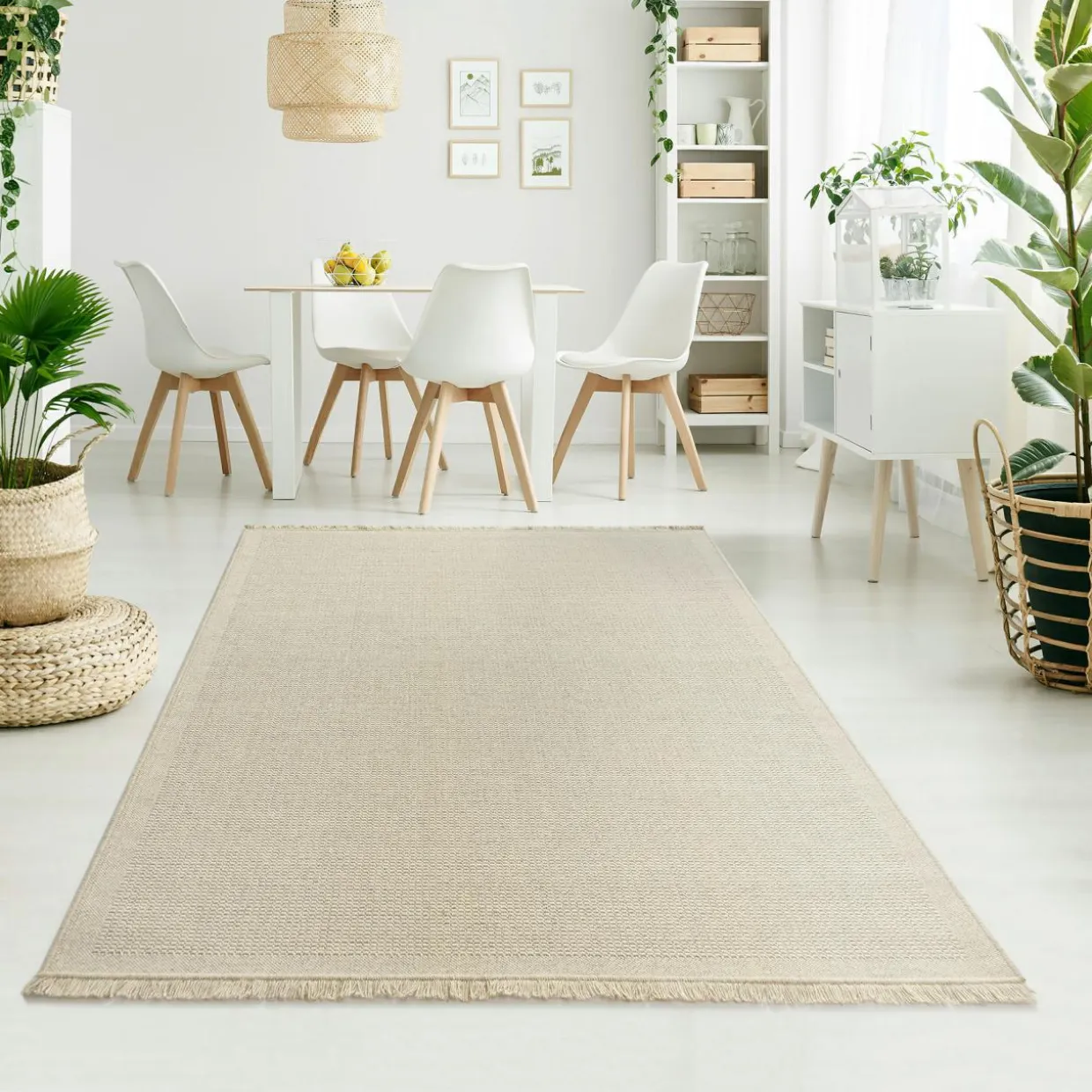 Dywan wełniany z frędzlami jasnobeżowy WOOL 80x150 cm