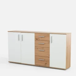 Komoda 3-drzwiowa z 4 szufladami IKOLI biała dąb artisan