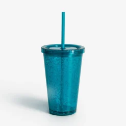 Kubek plastikowy ze słomką niebieski 500 ml