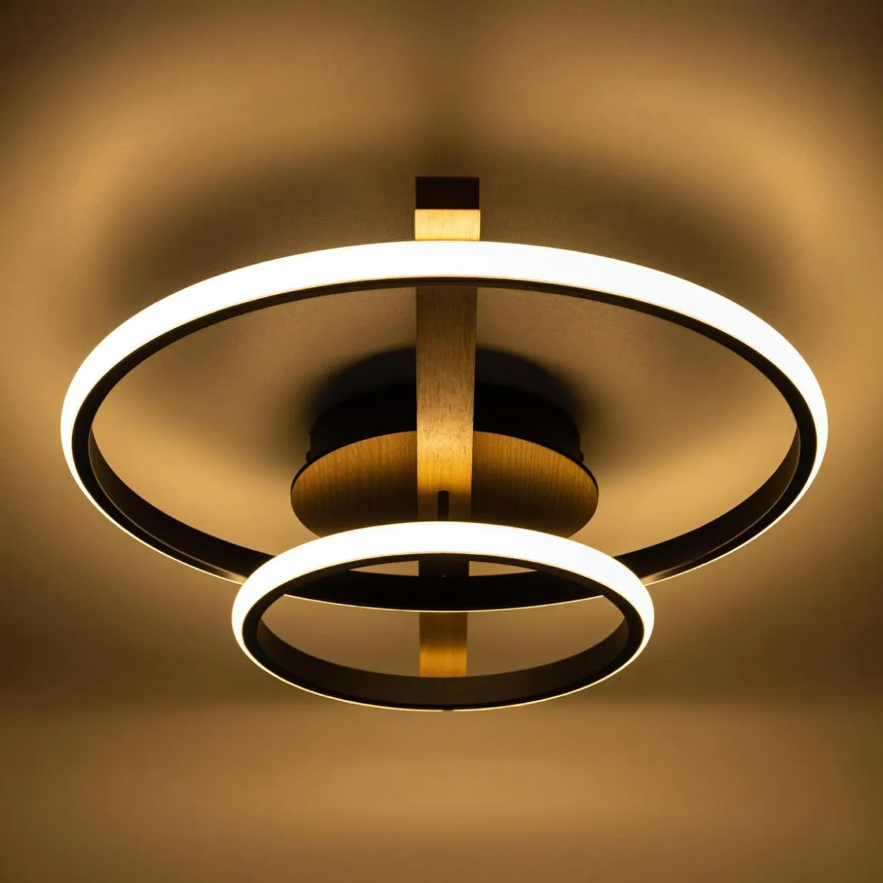 Lampa sufitowa LED 2 pierścienie jasne drewno czarna ALMERIA