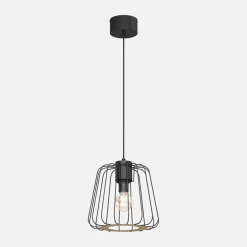 Lampa wisząca czarna jasne drewno TRAD I klosz 25 cm