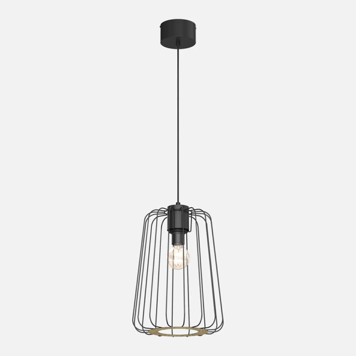 Lampa wisząca czarna jasne drewno TRAD I klosz 38 cm