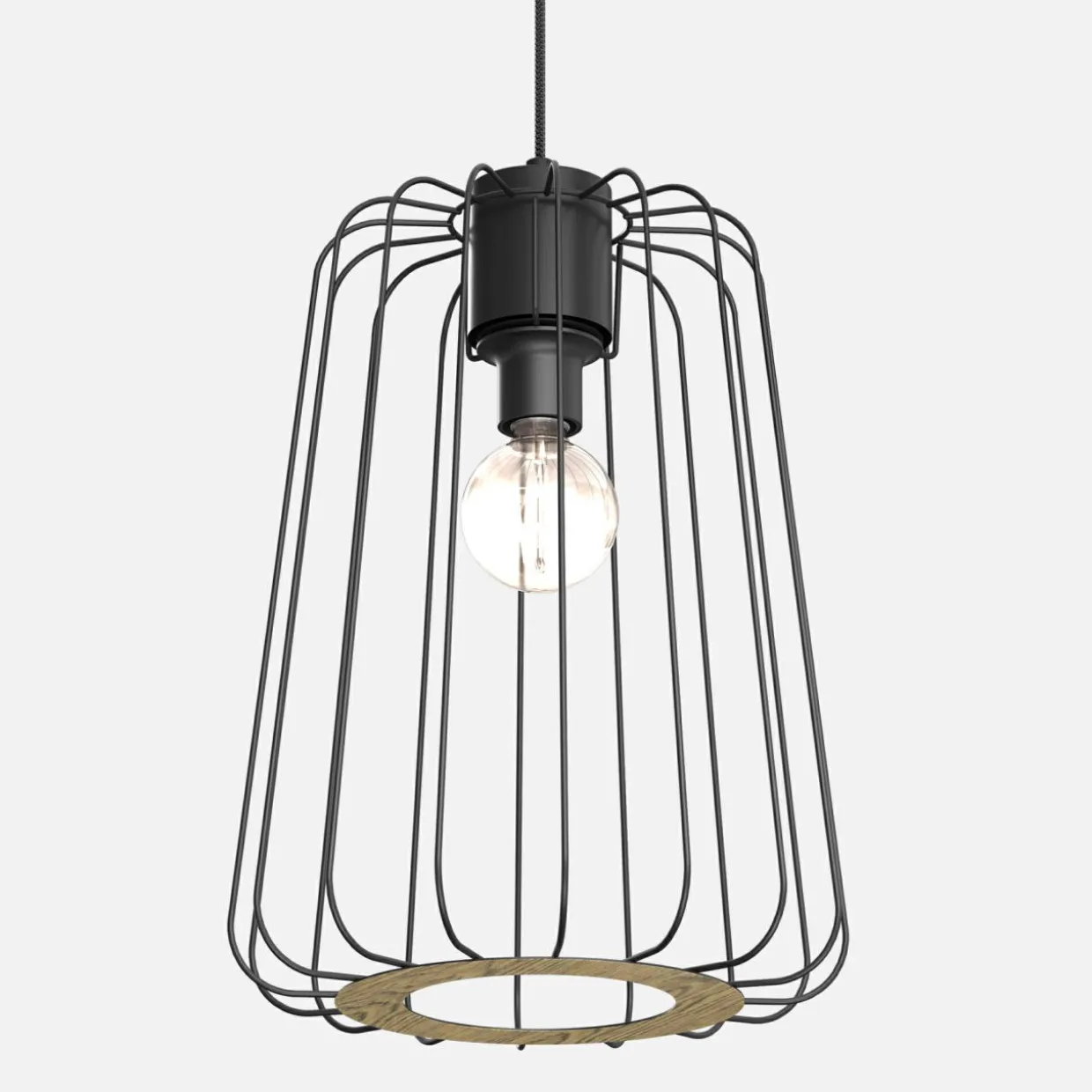 Lampa wisząca czarna jasne drewno TRAD I klosz 38 cm