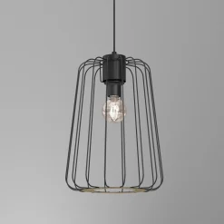 Lampa wisząca czarna jasne drewno TRAD I klosz 38 cm