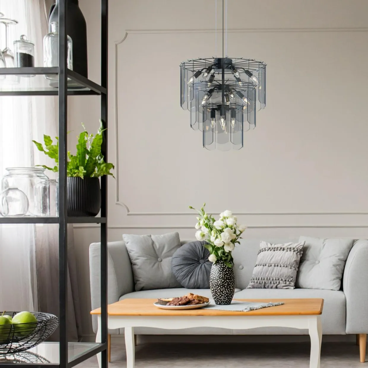 Lampa wisząca dymione szkło czarna NIRA φ56 cm