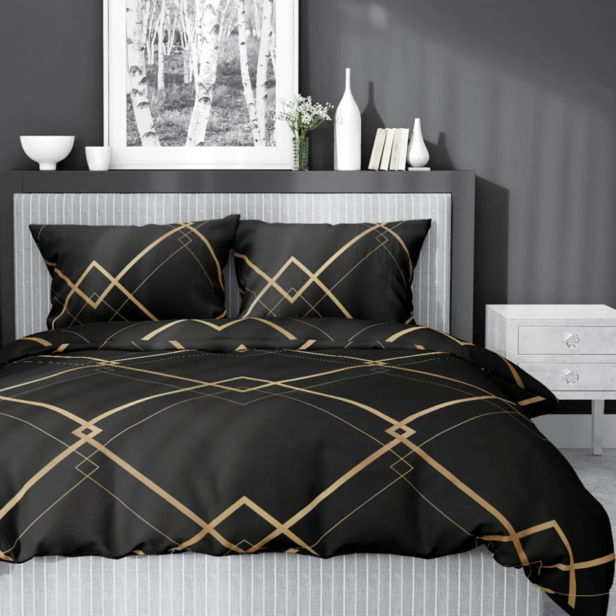 Pościel bawełniana geometryczna czarna HOME SATIN 160x200 cm