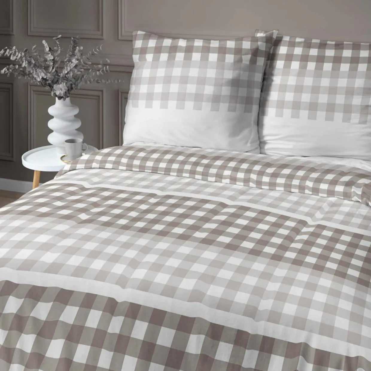 Pościel bawełniana w kratę beżowa HOME SATIN 160x200 cm