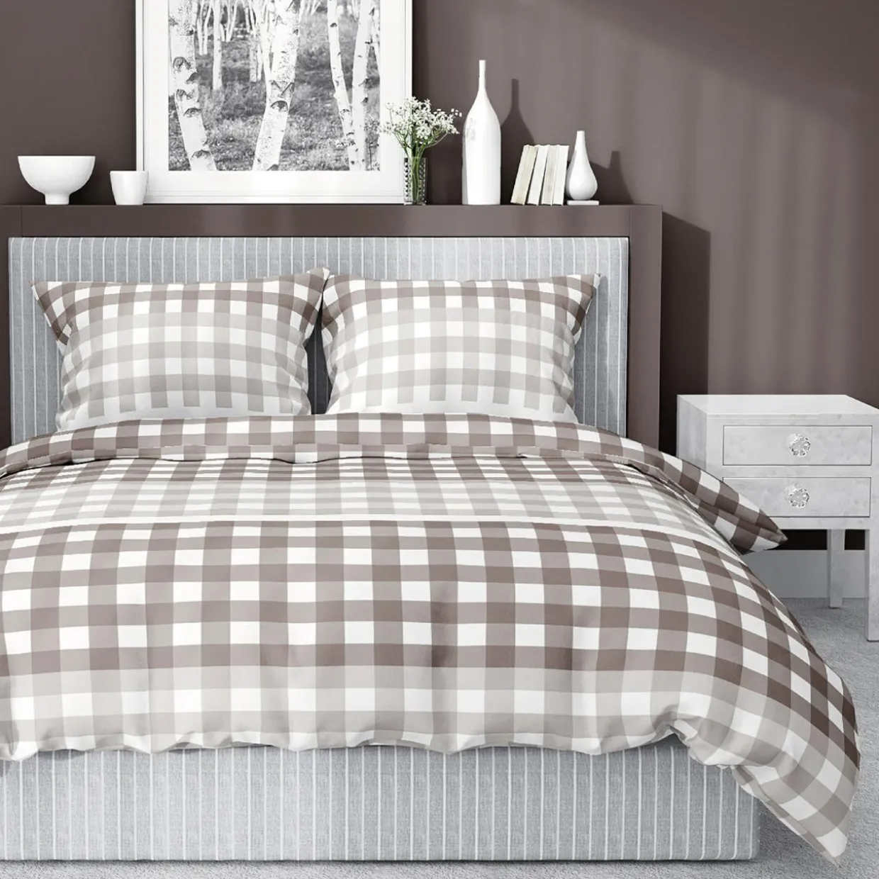 Pościel bawełniana w kratę beżowa HOME SATIN 160x200 cm