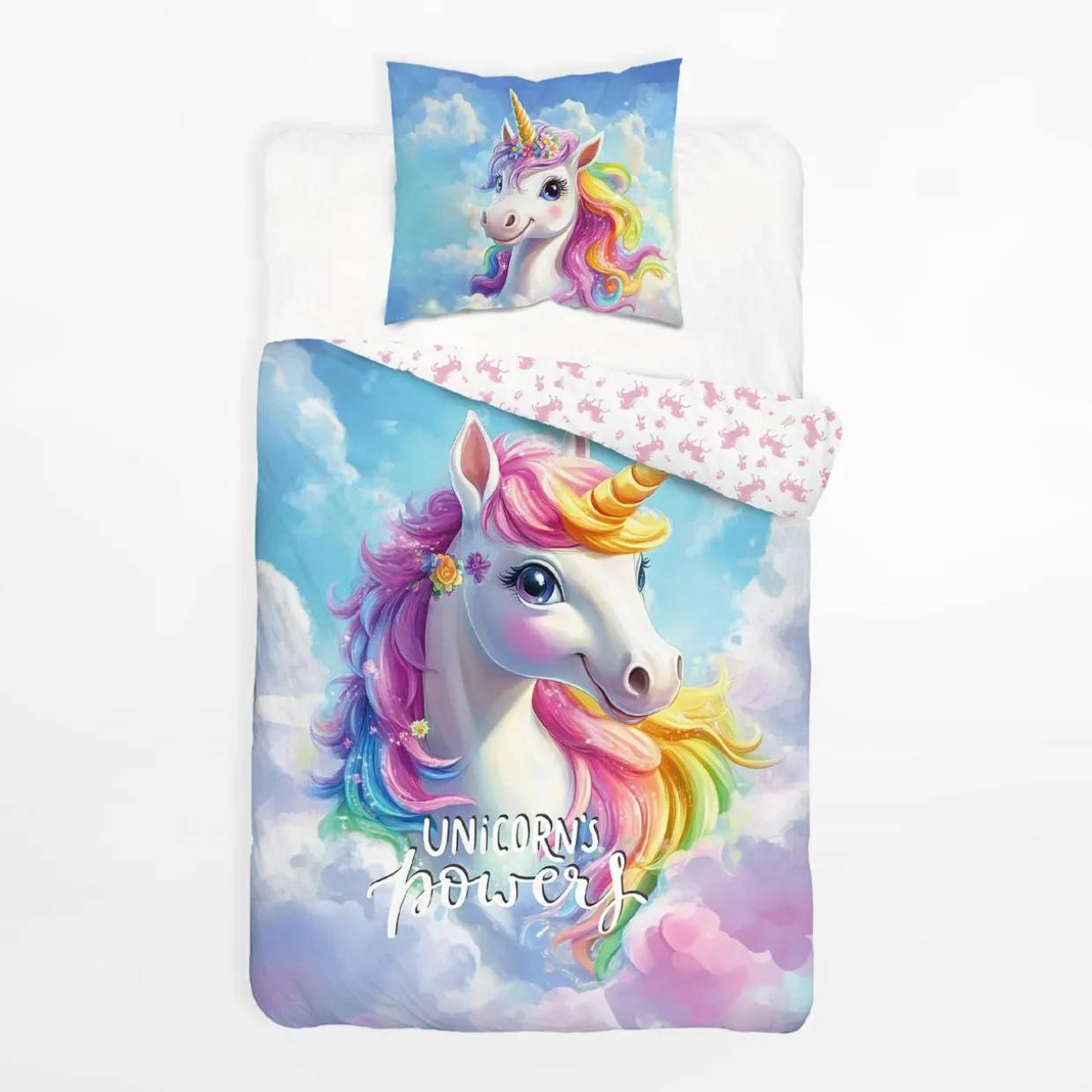 Pościel świecąca w ciemnościach, wzór tęczowego jednorożca, FLUO 140x200 cm