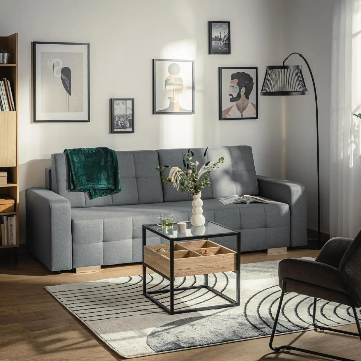 Sofa rozkładana z pikowaniem szara LILA