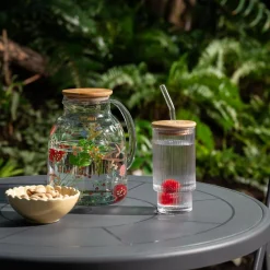 Szklanka ryflowana z bambusową pokrywką i słomką 320 ml