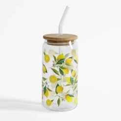 Szklanka z bambusową pokrywką i słomką CYTRYNY 500 ml
