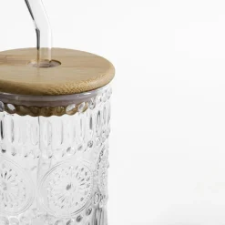 Szklanka z bambusową pokrywką i słomką 320 ml