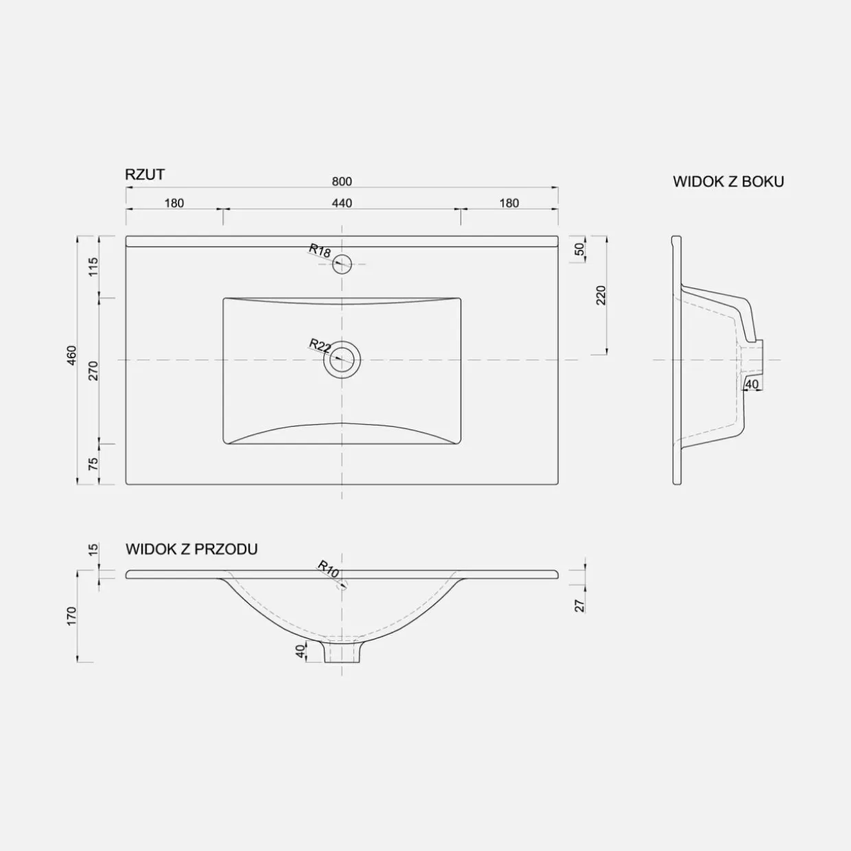 Umywalka wpuszczana w blat PLAN 80 cm