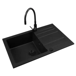 Zlewozmywak APOLLO 79x50 cm z baterią HERA + syfon + korek black edition