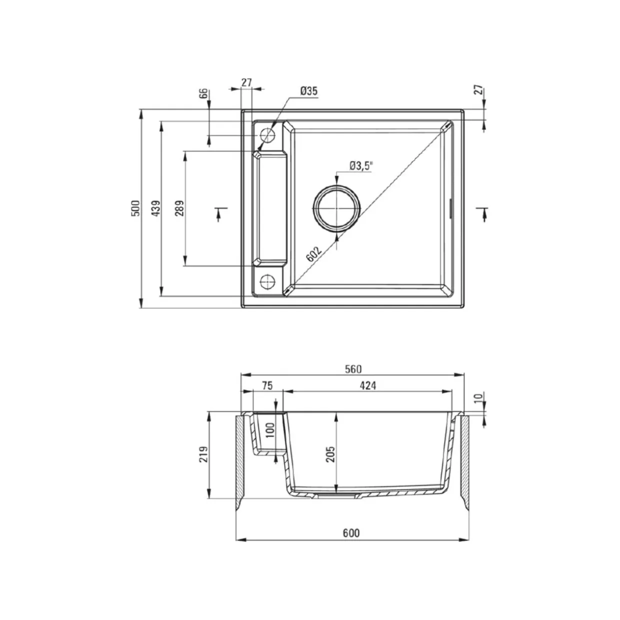 Zlewozmywak granitowy 1-komorowy MAGNETIC ZRM N103 czarny mat